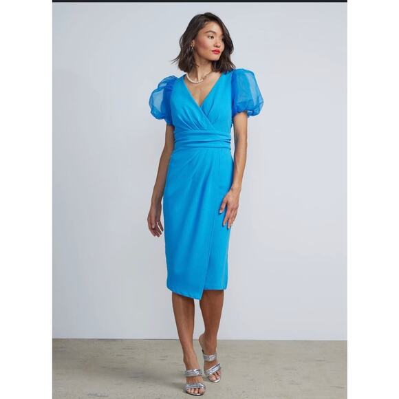 NY&C Dresses & Skirts - NWT NY&C Mesh Puff Sleeve Faux Wrap Sheath Dress Size M